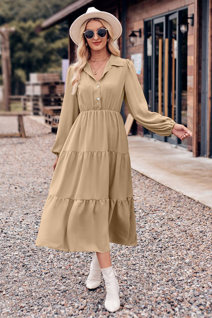 Collared Neck Long Sleeve Midi Dress