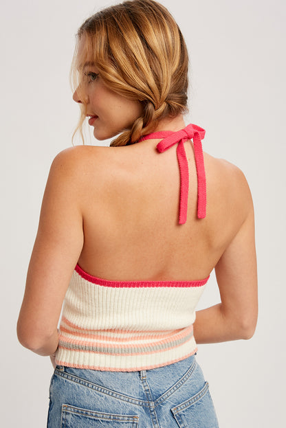 Striped Rib-Knit Halter Neck Top