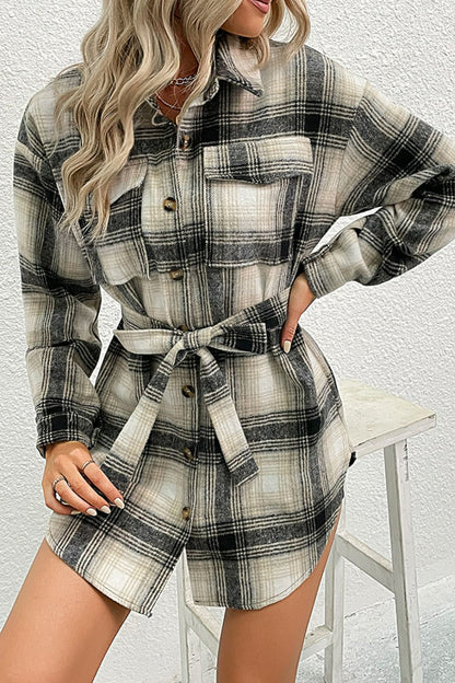 Plaid Button Down Belted Shirt Jacket