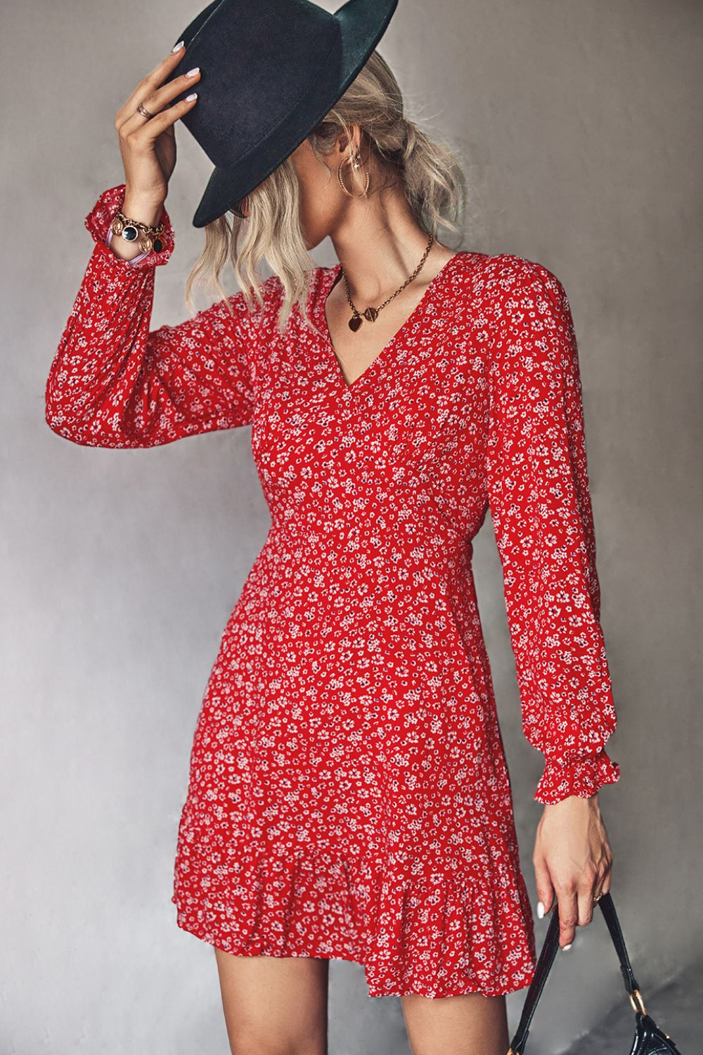 Ditsy Floral V-Neck Flounce Sleeve Dress