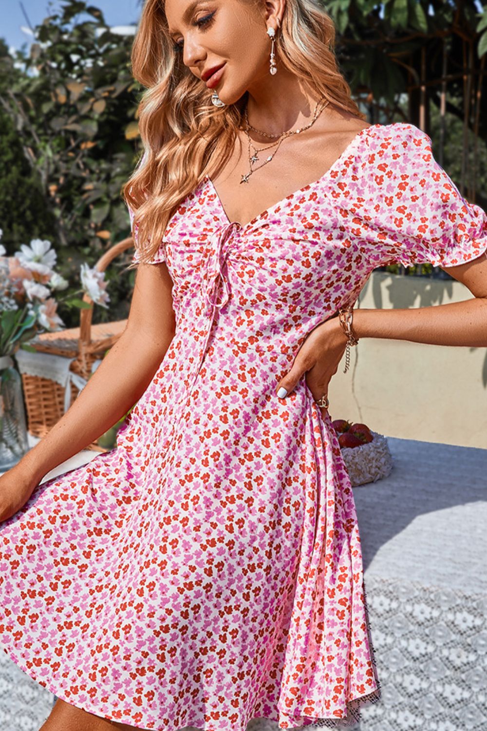 Floral Drawstring Flounce Sleeve Dress