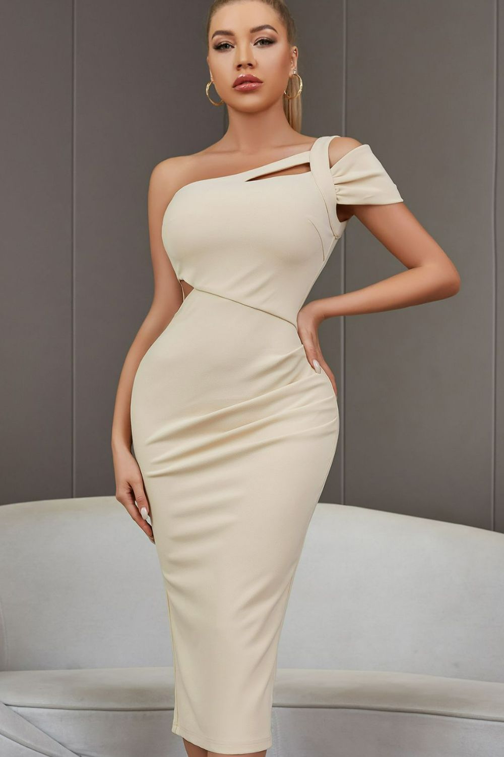 Cutout One-Shoulder Slit Midi Dress