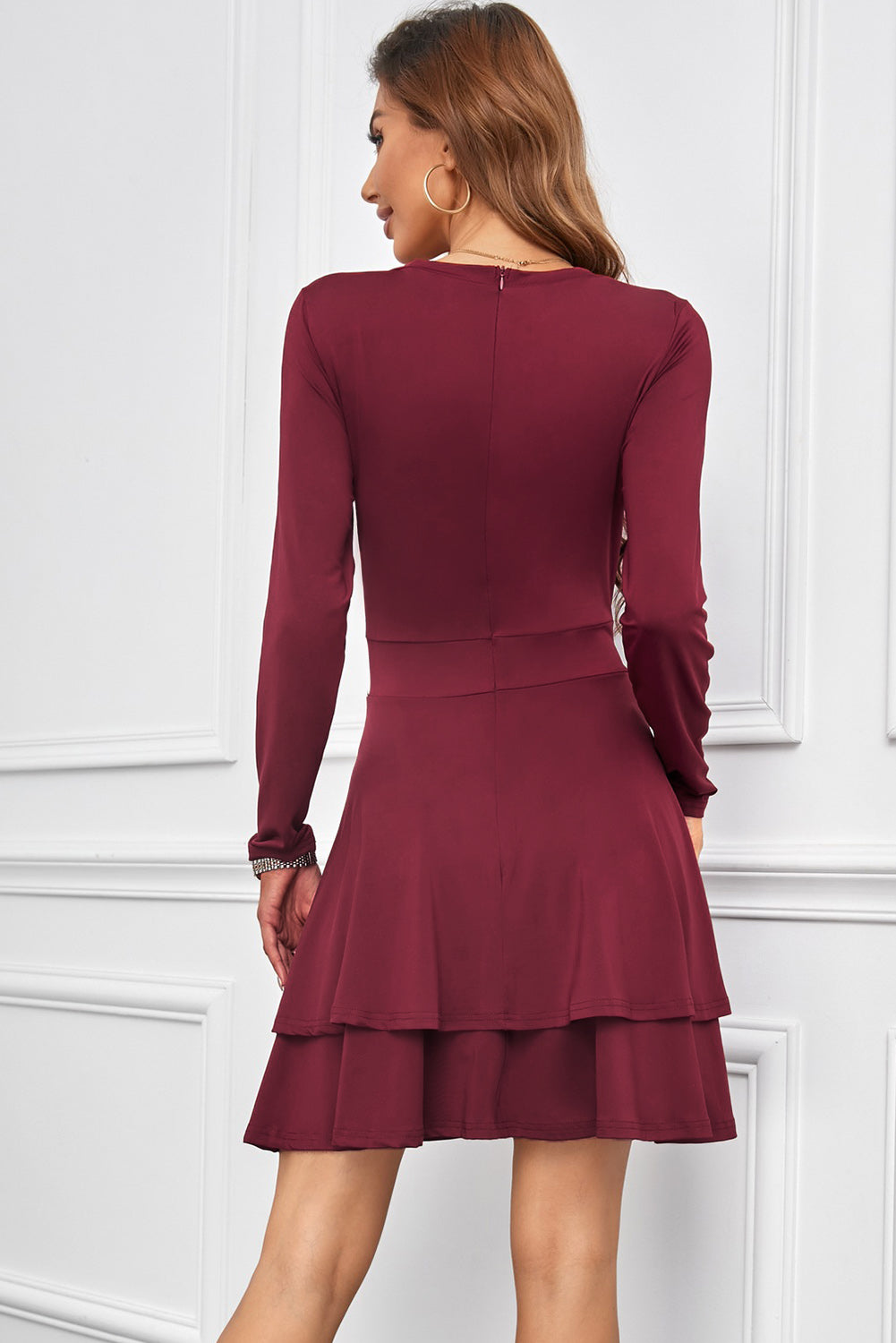 Layered V-Neck Long Sleeve Dress