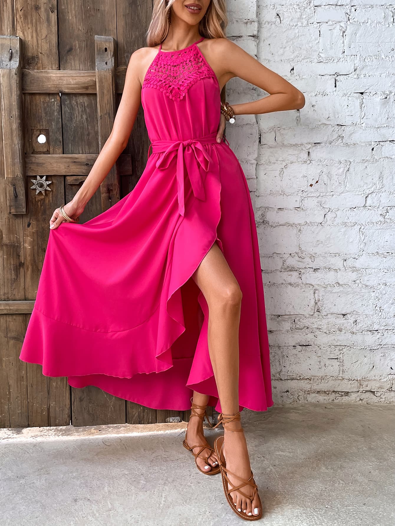 Grecian Neck Tie Belt Dress