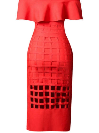 Layered Off-Shoulder Cutout Slit Midi Dress