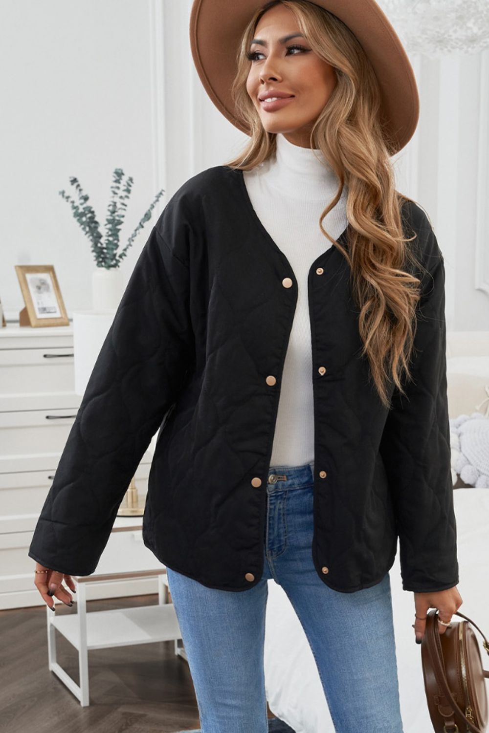 Snap Down V-Neck Jacket with Pockets