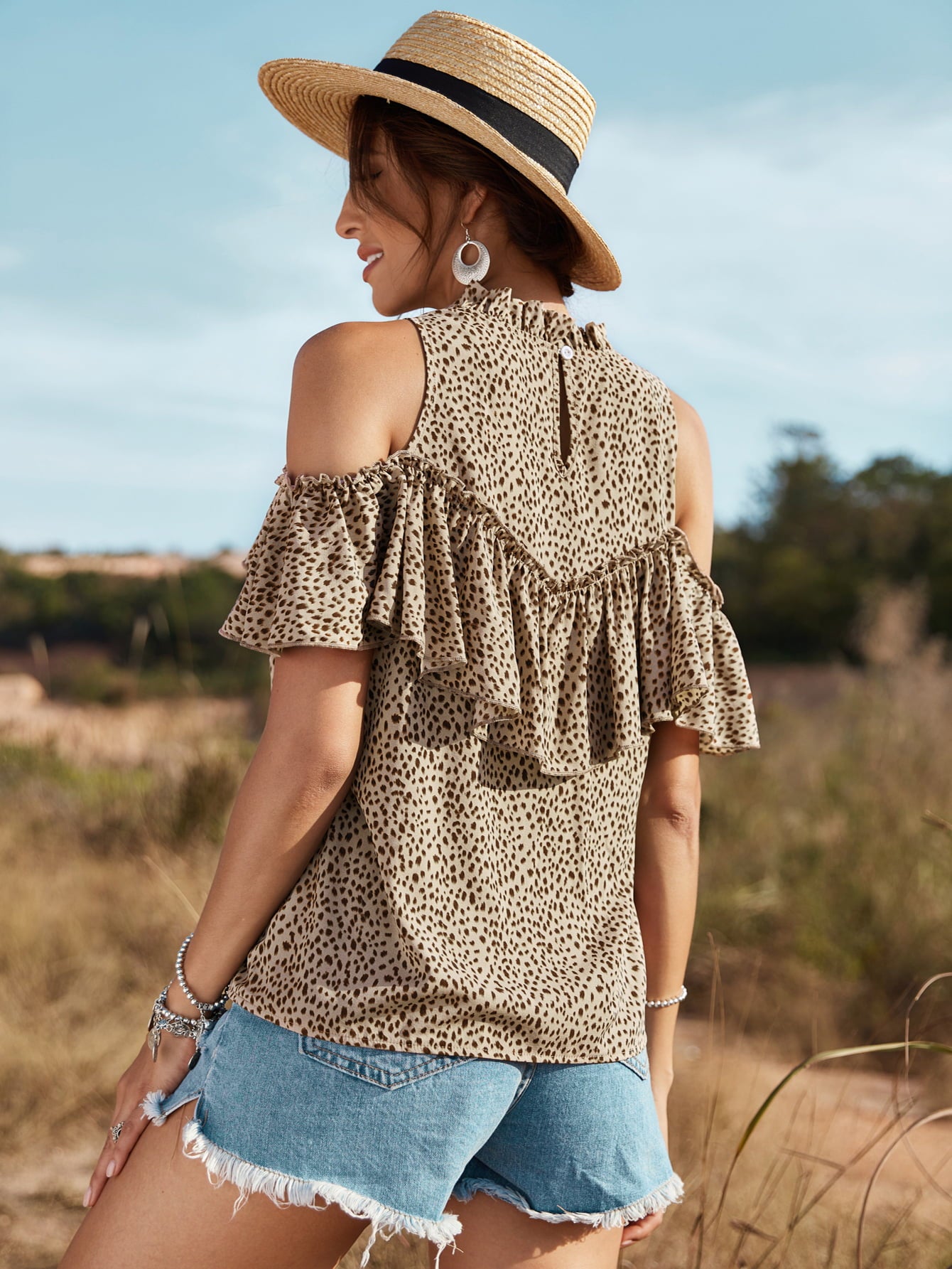 Animal Print Cold-Shoulder Ruffled Blouse