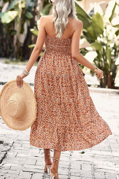 Floral Strapless Slit Midi Dress with Pockets