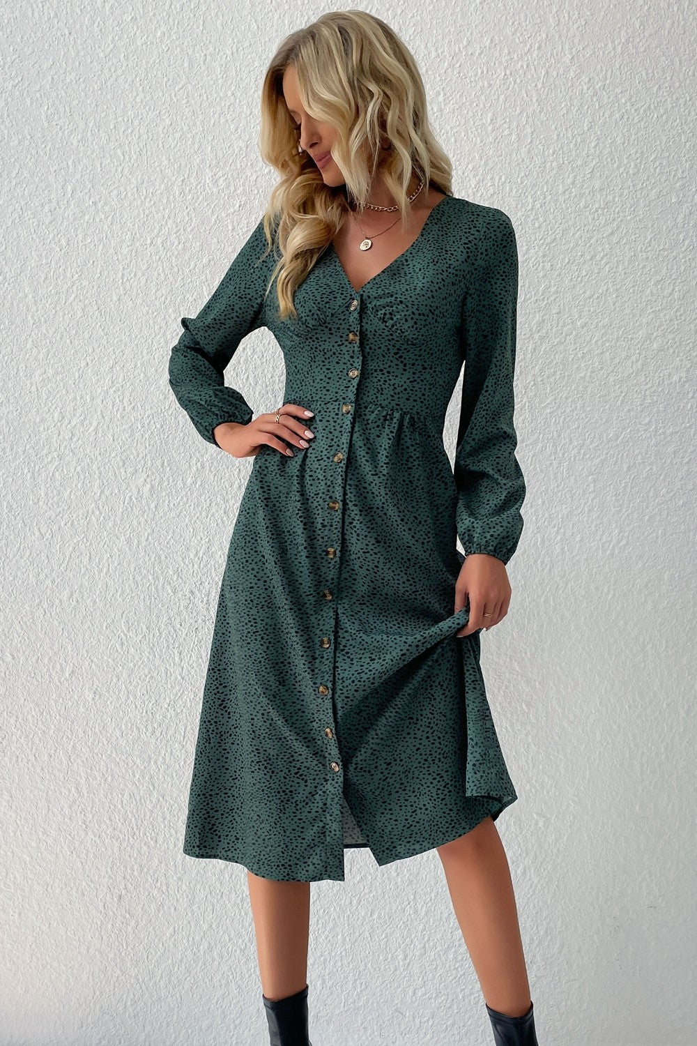 Printed Button Down V-Neck Midi Dress