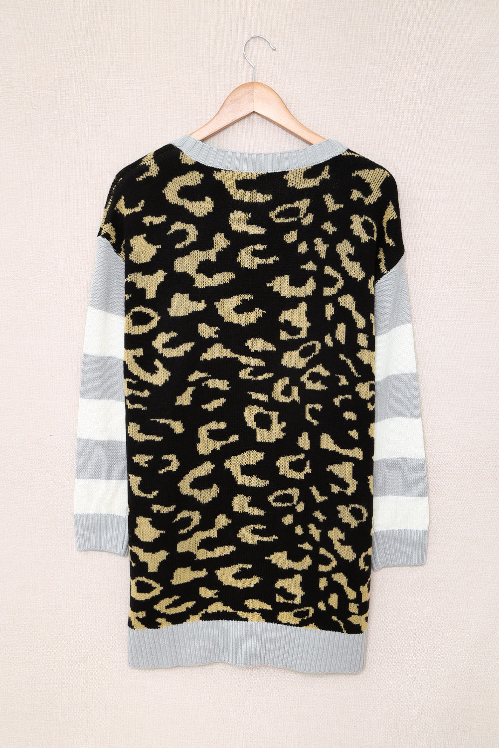 Leopard Print Striped Sleeve Open Front Longline Cardigan