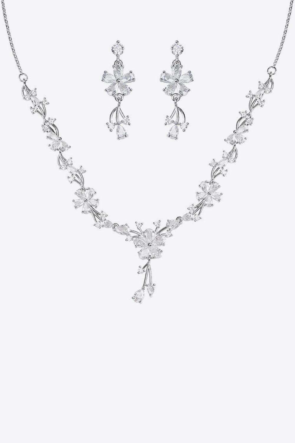 Flower Cubic Zirconia Necklace and Drop Earrings Set