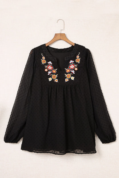 Plus Size Floral Embroidered Swiss Dot Blouse
