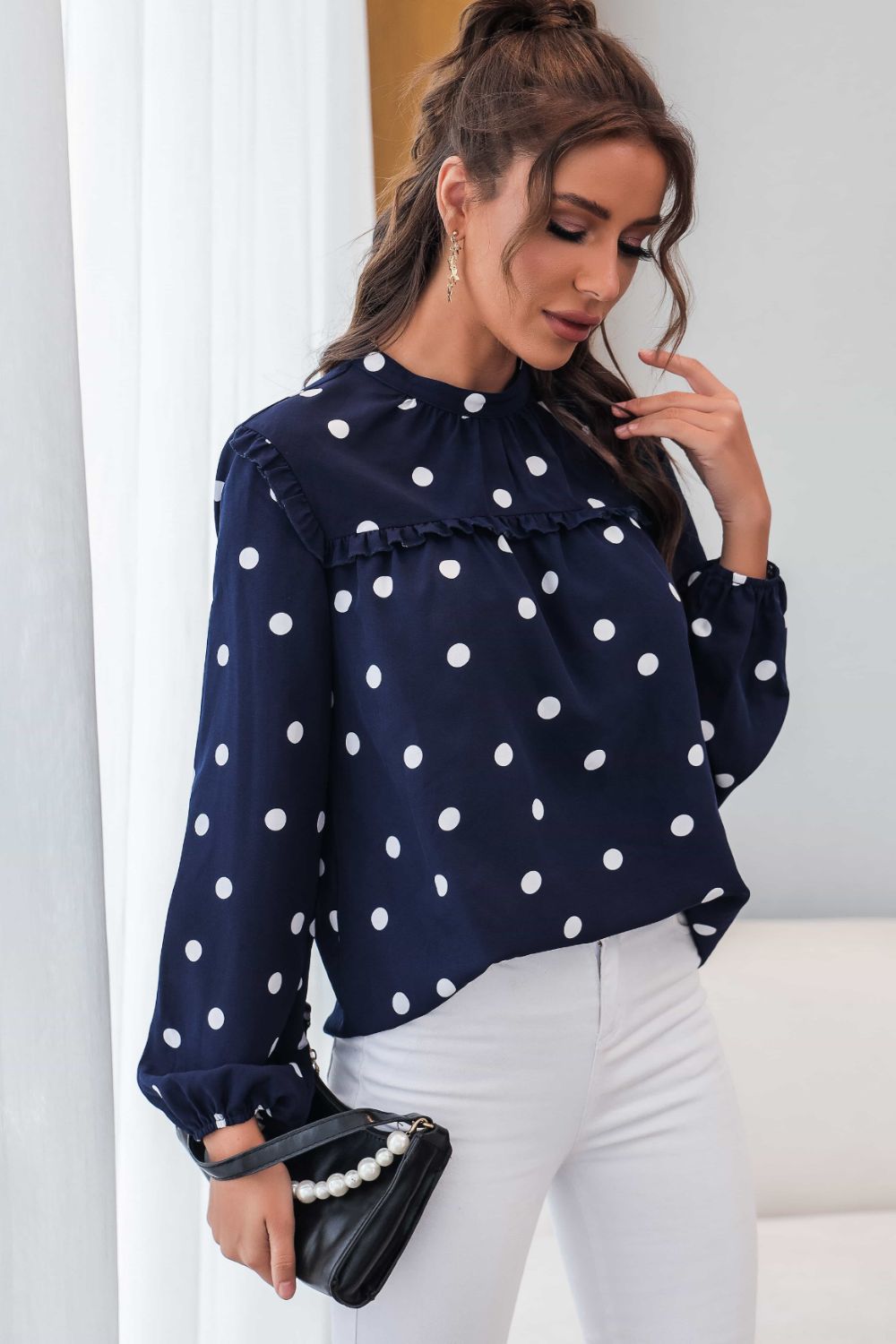 Polka Dot Frill Trim Mock Neck Blouse