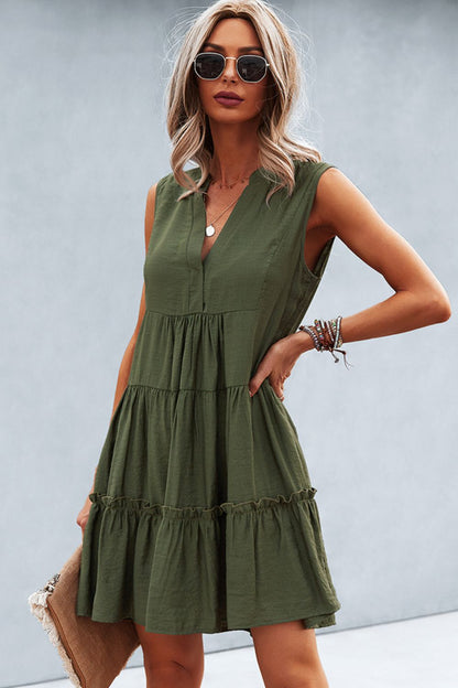 Frill Trim Notched Sleeveless Tiered Dress