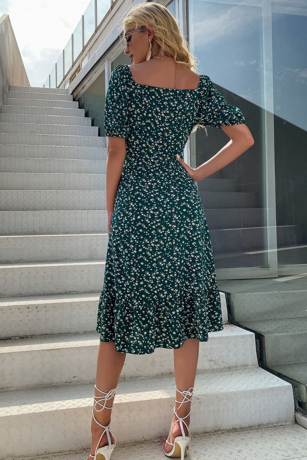 Floral Square Neck Slit Dress