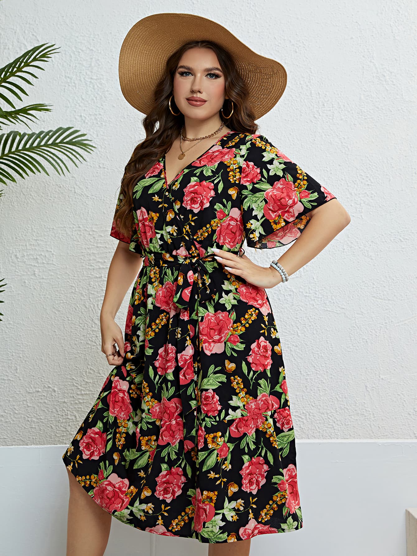 Plus Size Floral Tie Belt Surplice Dress