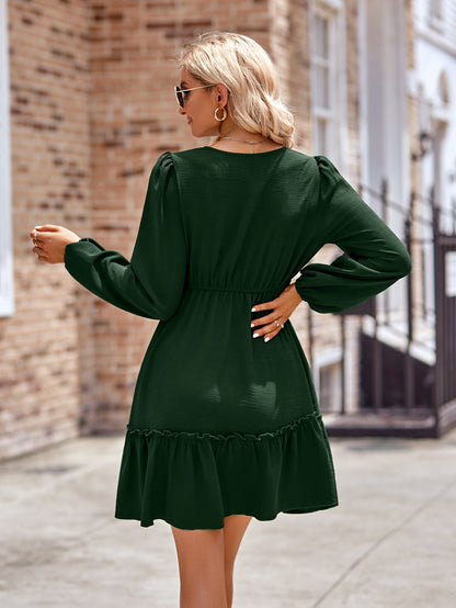 Frill Trim Buttoned V-Neck Puff Sleeve Dress