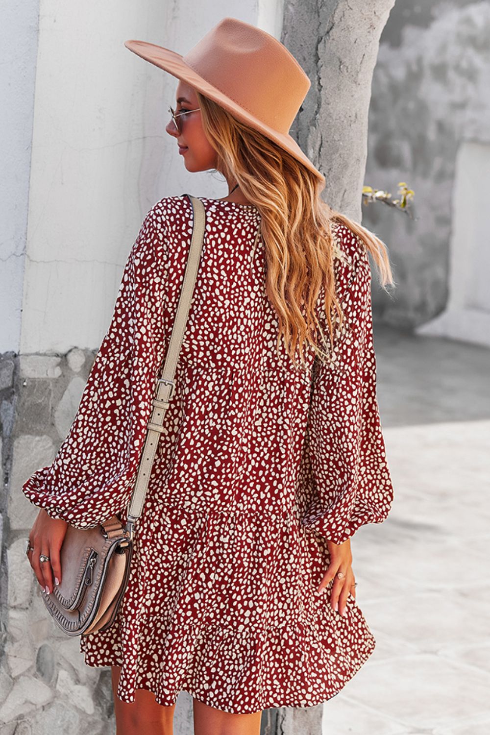 Printed Balloon Sleeve Ruffle Hem Dress