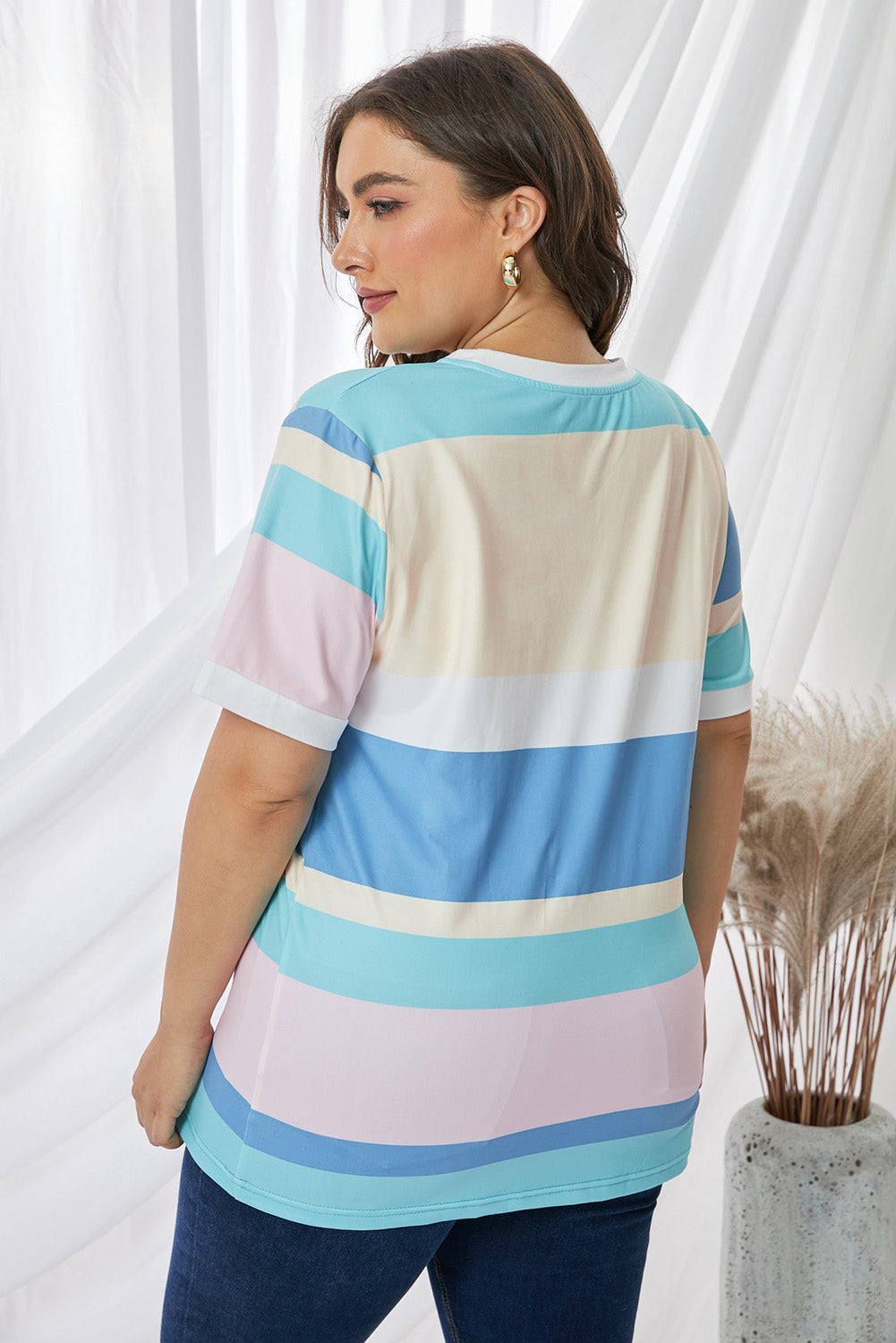 Plus Size Pastel Striped Crew Neck Top