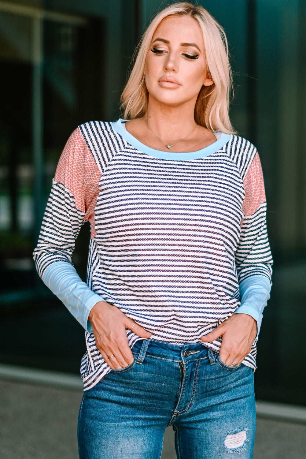 Striped Round Neck Long Raglan Sleeve Tee