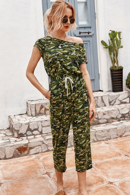 Camouflage Drawstring Crop Leg Jumpsuit