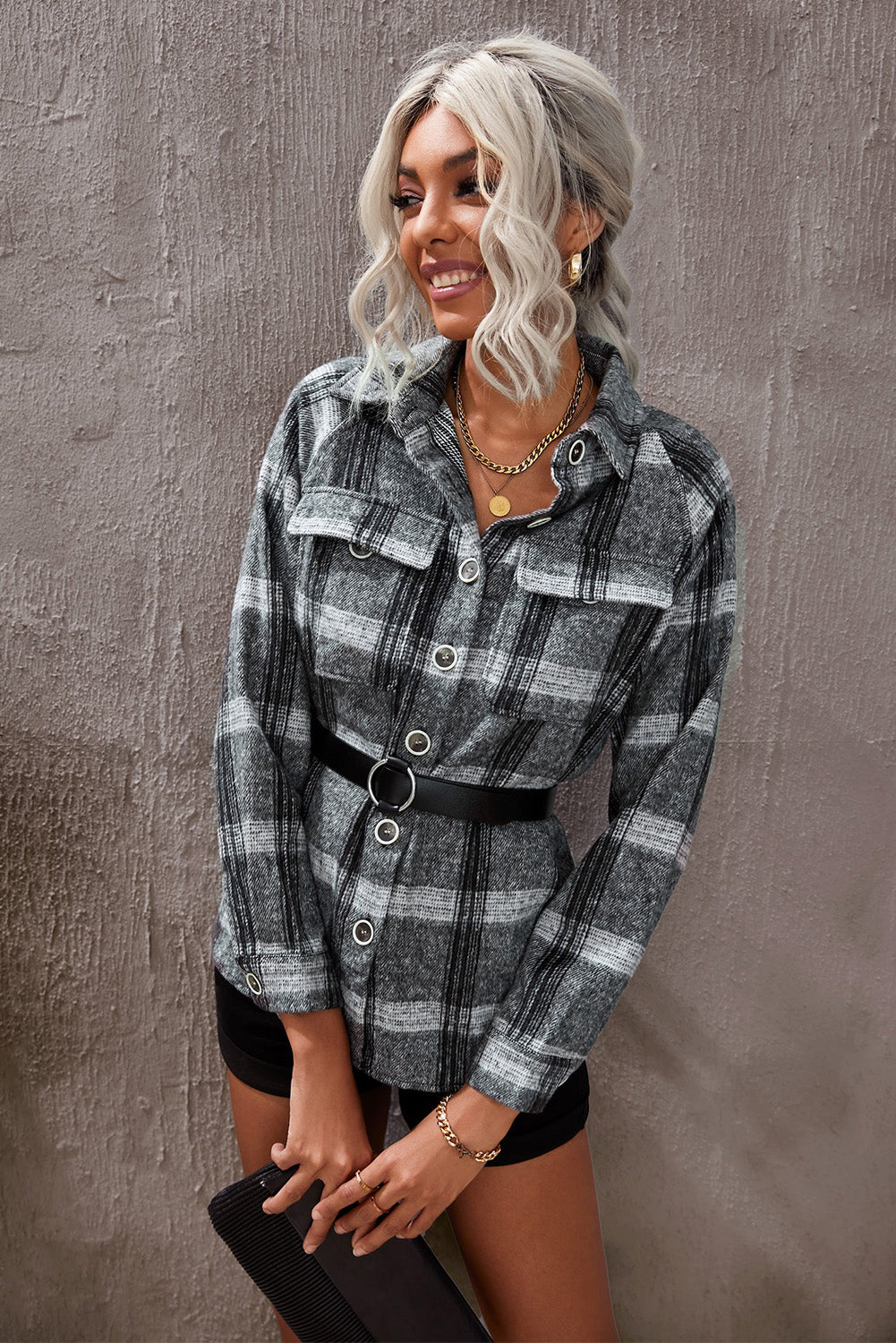 Plaid Raglan Sleeve Shirt Jacket with Breast Pockets