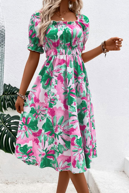 Floral Frill Trim Square Neck Dress