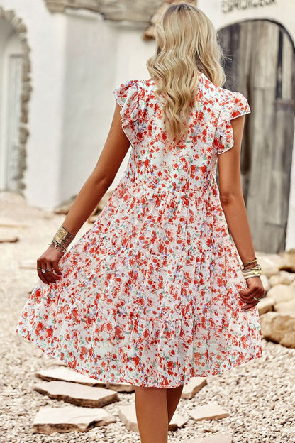 Floral Flutter Sleeve Notched Neck Tiered Dress