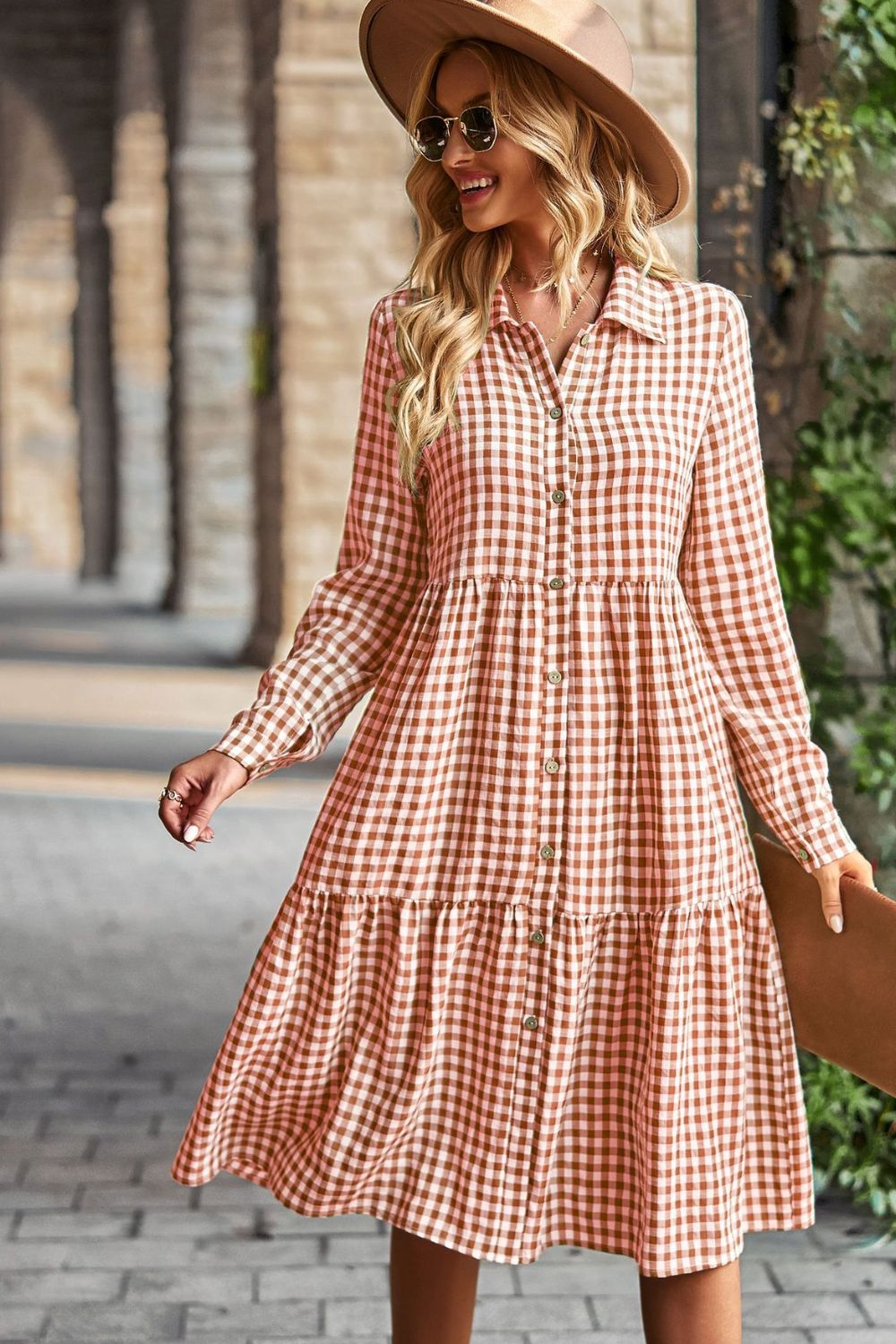 Collared Neck Long Sleeve Midi Dress