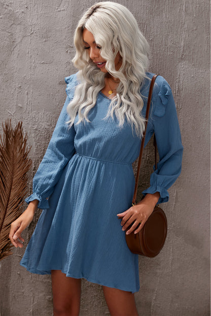 Ruffled V-Neck Flounce Sleeve Textured Dress