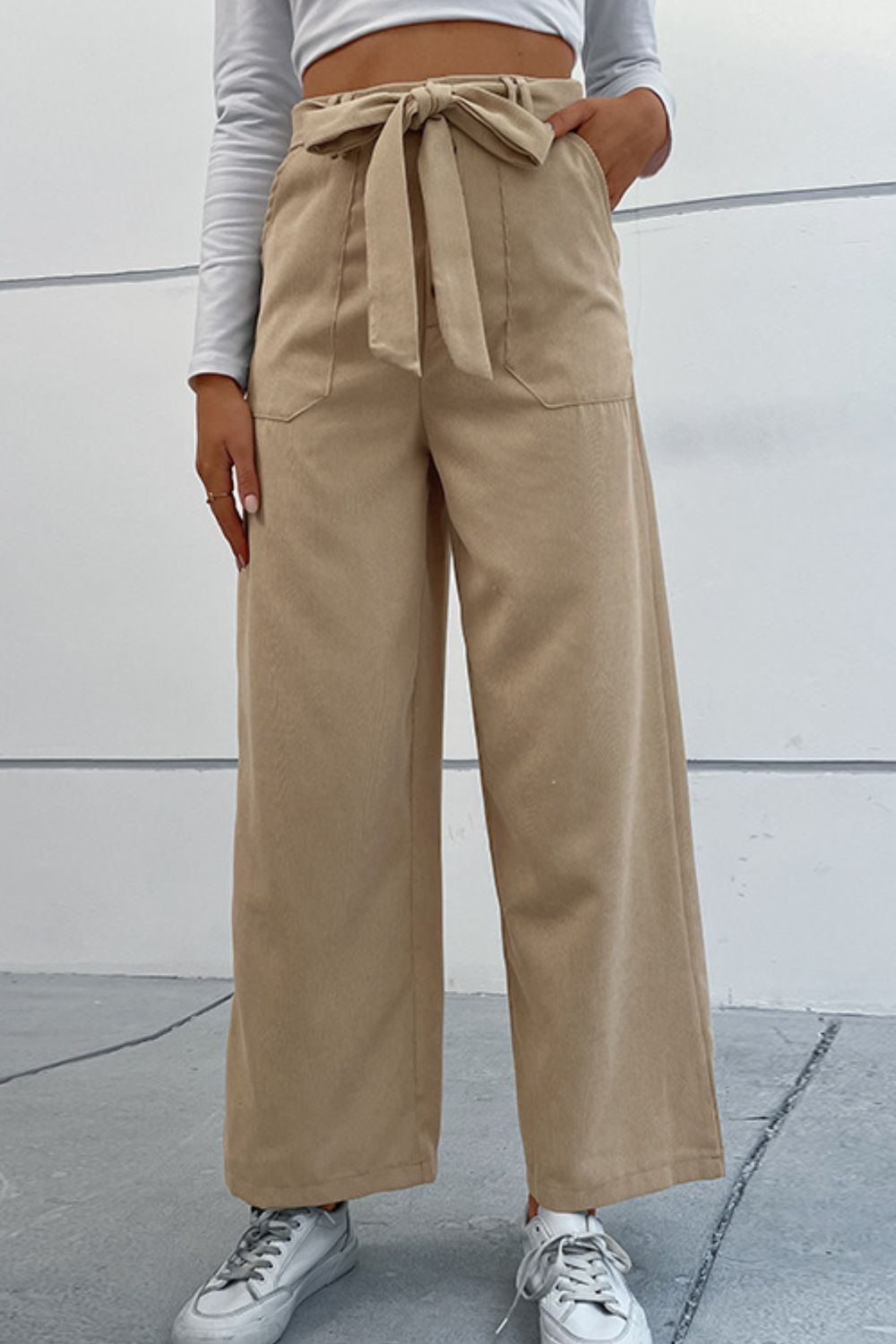 Button Fly Belted Wide Leg Pants with Pockets