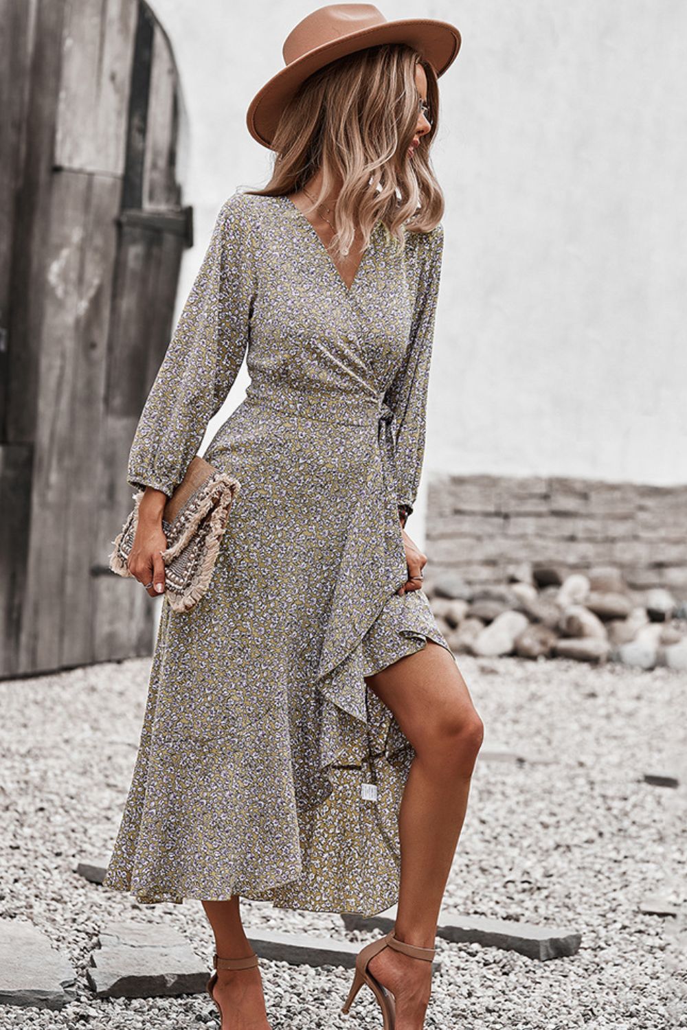 Floral Surplice Neck Long Sleeve Dress