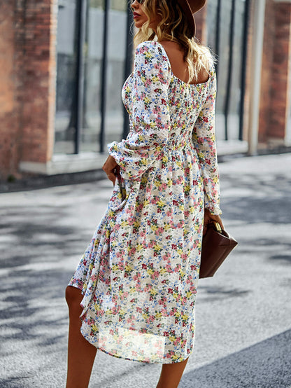 Floral Square Neck Smocked Balloon Sleeve Dress