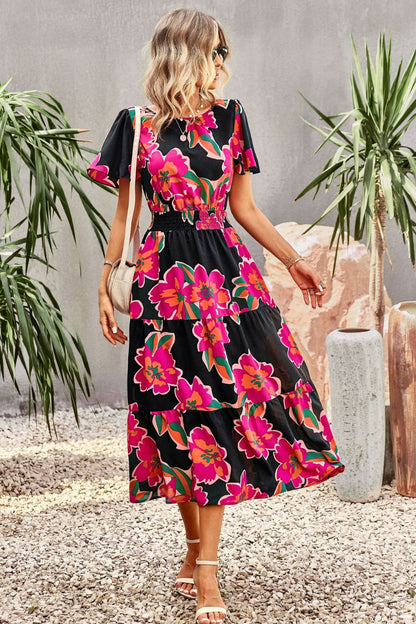 Floral Puff Sleeve Tiered Midi Dress