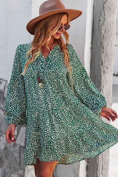 Printed Balloon Sleeve Ruffle Hem Dress