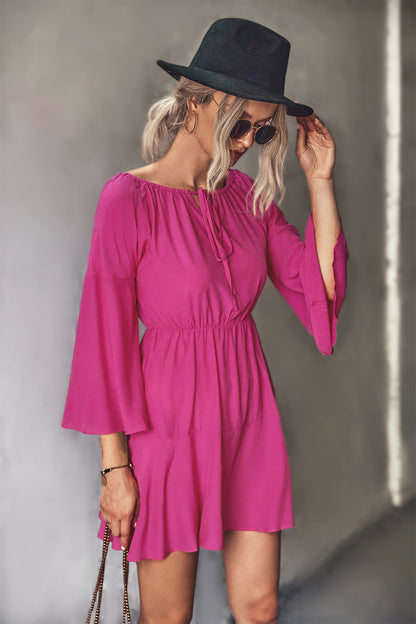 Tie Neck Flare Sleeve Tiered Dress