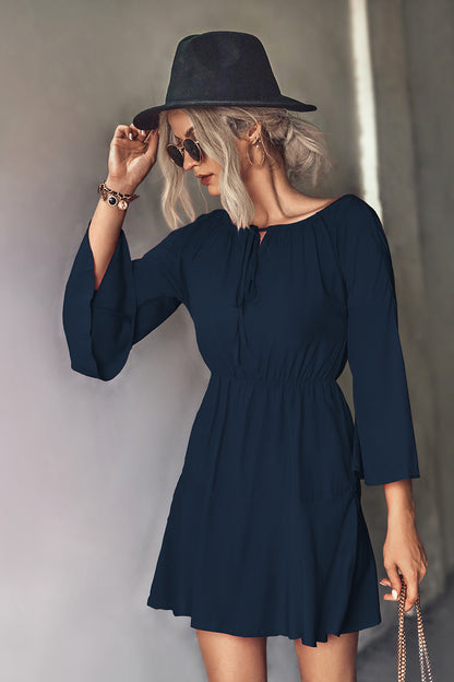 Tie Neck Flare Sleeve Tiered Dress