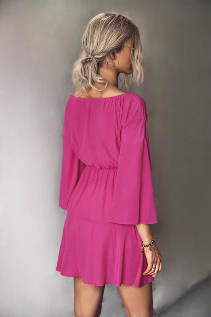 Tie Neck Flare Sleeve Tiered Dress