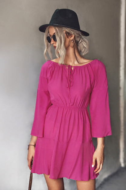 Tie Neck Flare Sleeve Tiered Dress