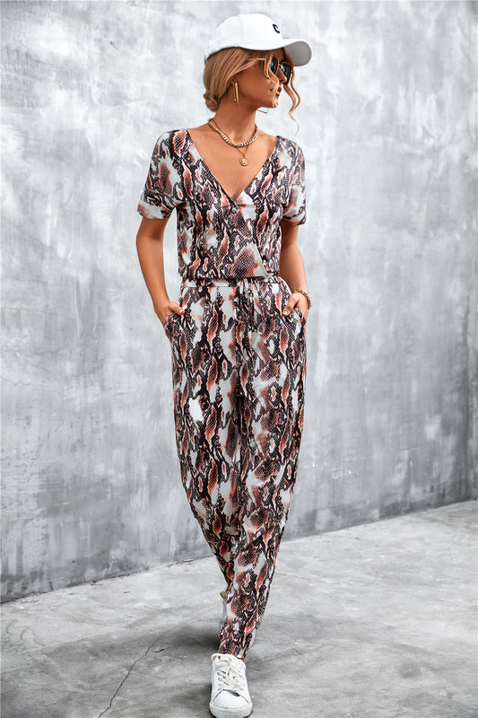 Animal Print V-Neck Jumpsuit with Pockets