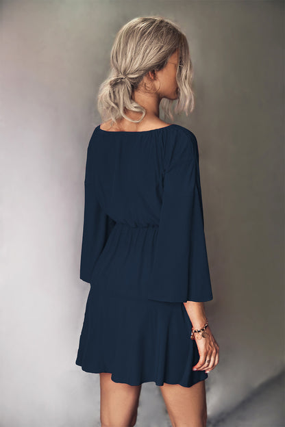 Tie Neck Flare Sleeve Tiered Dress