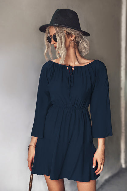 Tie Neck Flare Sleeve Tiered Dress