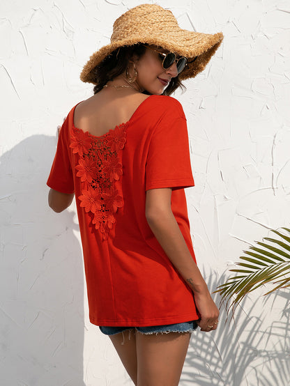 Lace Spliced Round Neck Tee