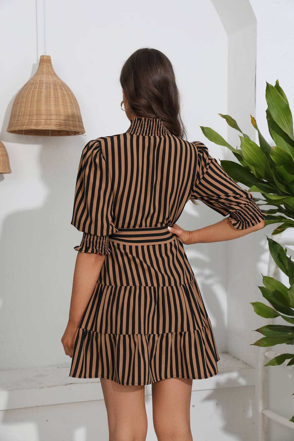 Striped Tie Belt Tiered Dress