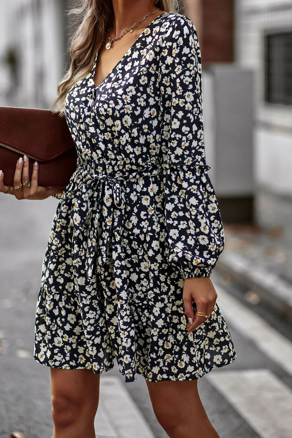 Floral Belted Puff Sleeve Mini Dress