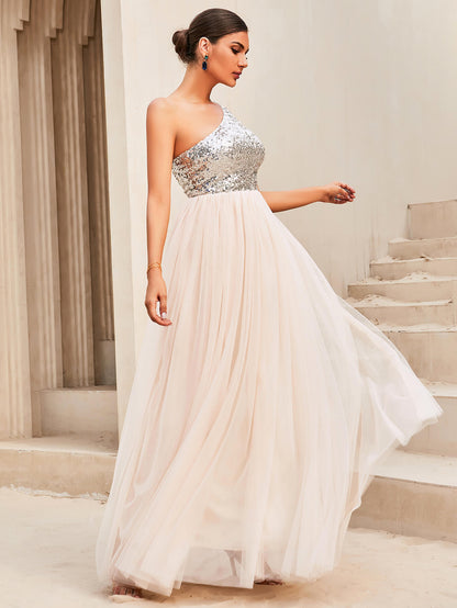 Two-Tone Sequin One-Shoulder Sleeveless Dress