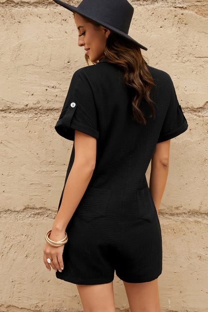 Textured Button Front Romper with Pockets