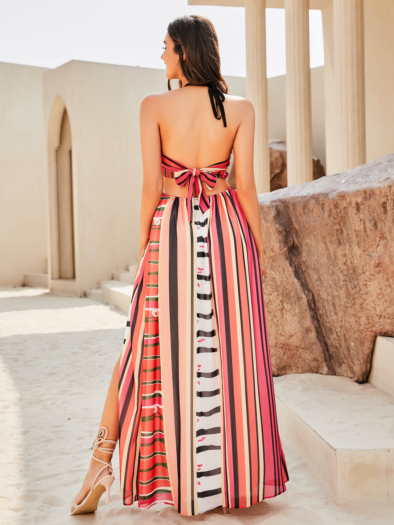 Striped Cutout Split Tied Halter Neck Maxi Dress