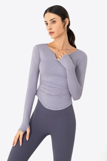 Thumbhole Long Sleeve Pleated Detail Notched Sports Top