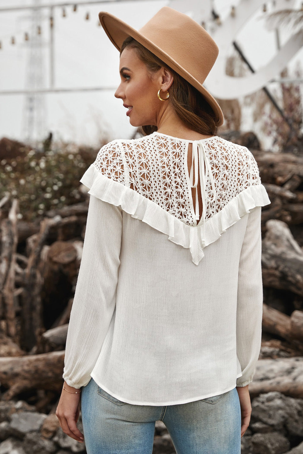 White Hollow-out Ruffle Long Sleeve Blouse